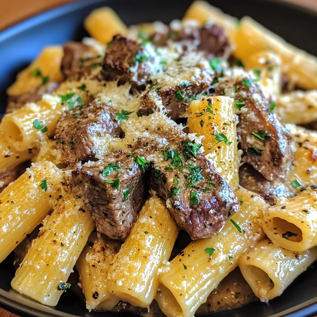 Close-up shot of garlic butter steak parmesan rigatoni showing the rich, creamy sauce coating each pasta tube and tender steak pieces.
