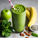 Power green smoothie in glass with pink striped straw surrounded by fresh spinach, green apple, banana, almonds and chia seeds on white surface
