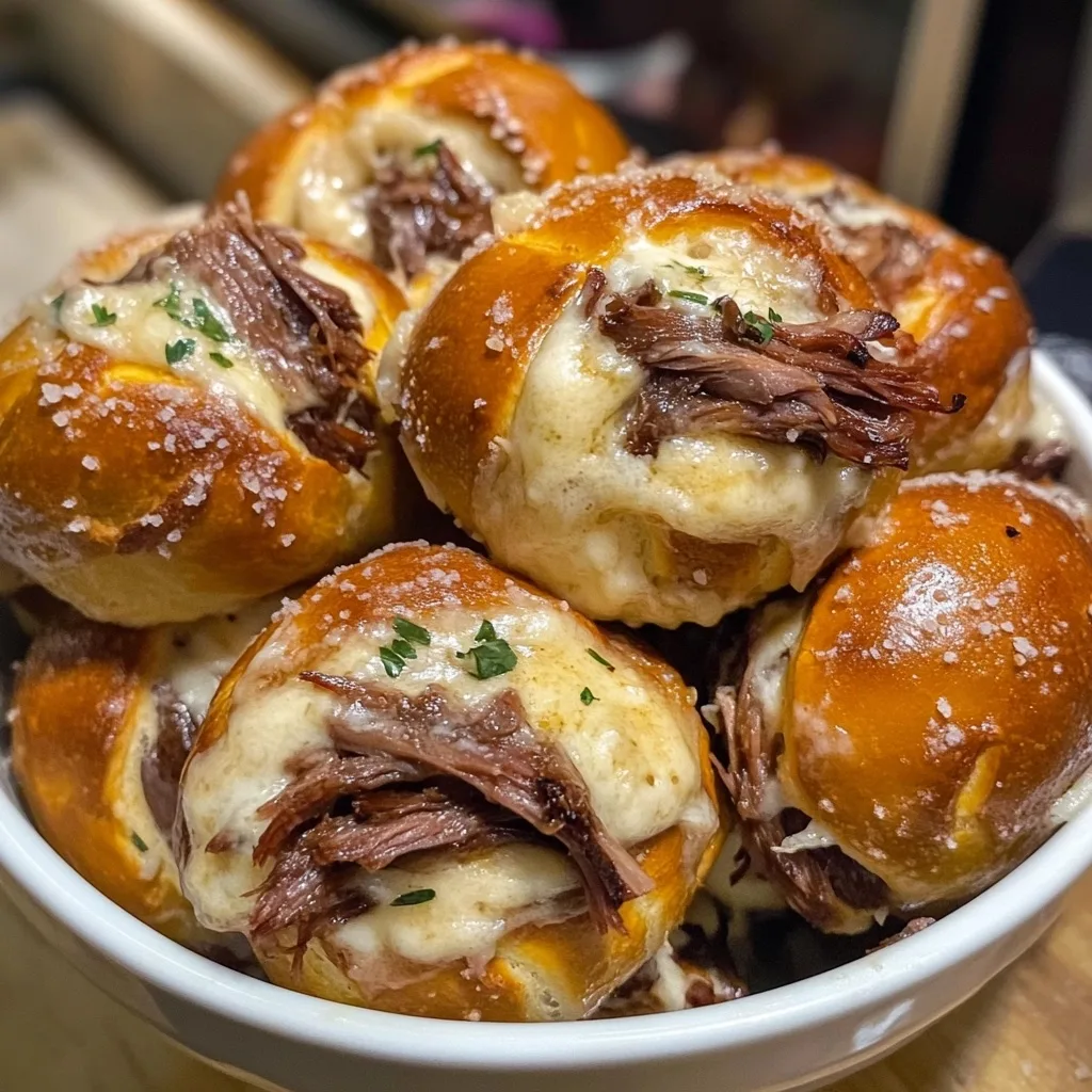 Close-up of Smoked Brisket & Beer Cheese Pretzel Bombs garnished with fresh herbs and showing juicy brisket pieces on a melty cheese base.