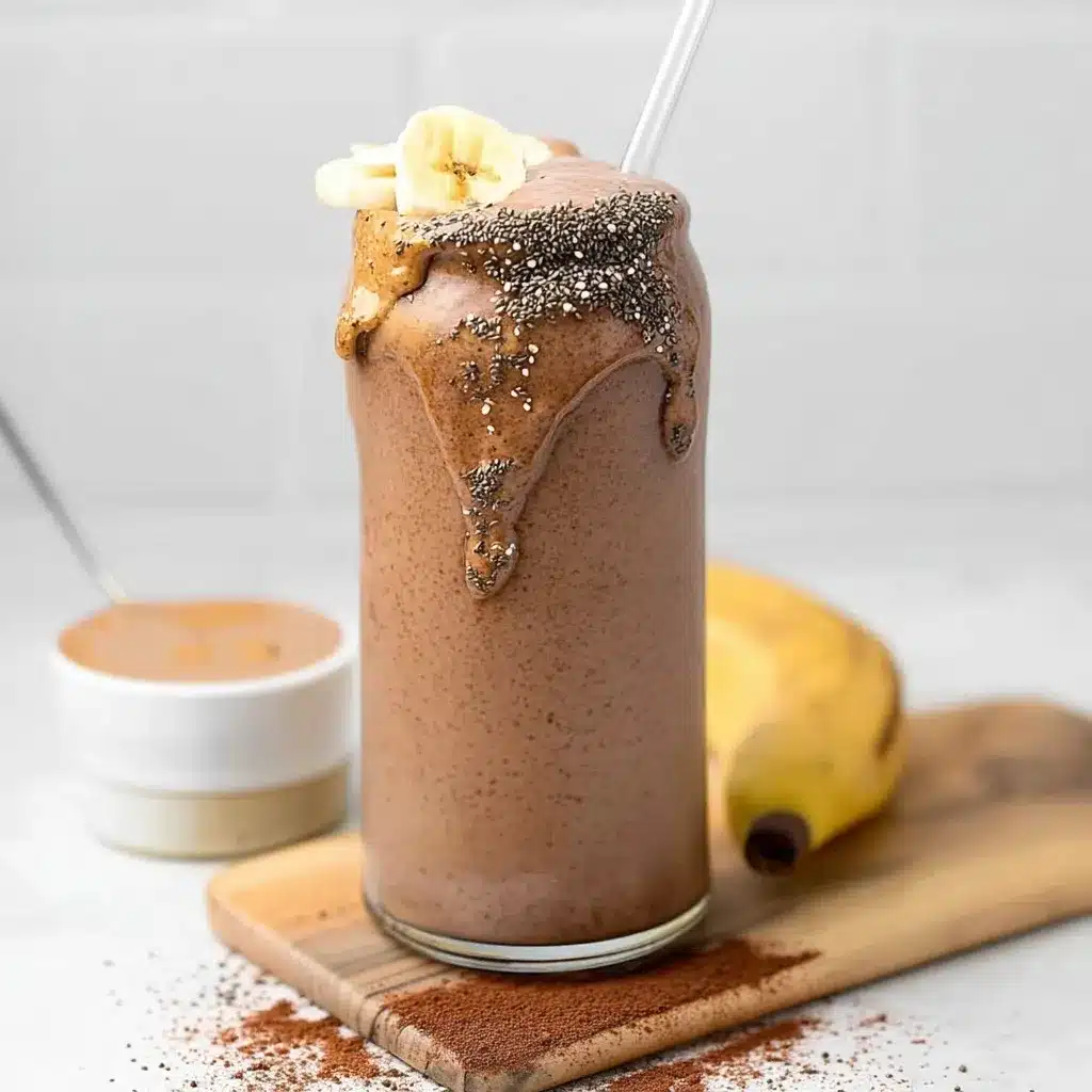 Protein coffee smoothie in tall glass with banana slices, chia seeds, and peanut butter drizzle, served on wooden cutting board with fresh banana and coffee cup