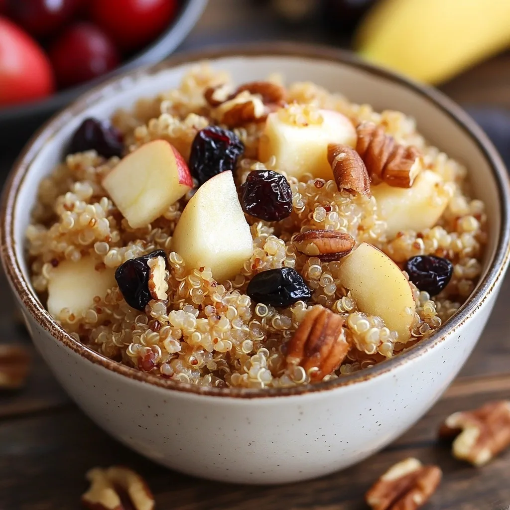 Healthy breakfast quinoa in a white bowl with diced apples, dried fruits, and nuts with fresh fruits in the background.