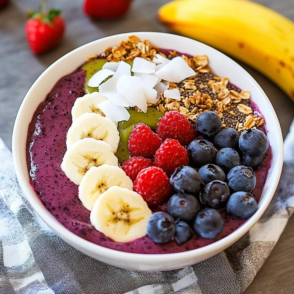Thick purple acai smoothie bowl topped with sliced banana, berries, coconut flakes, and granola with fresh fruit in background.