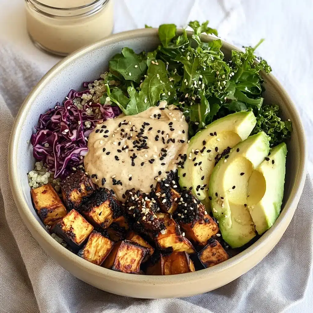 Overhead view of a miso tahini bowl with quinoa, roasted sweet potatoes, kale, red cabbage, avocado slices, and creamy sauce garnished with sesame seeds