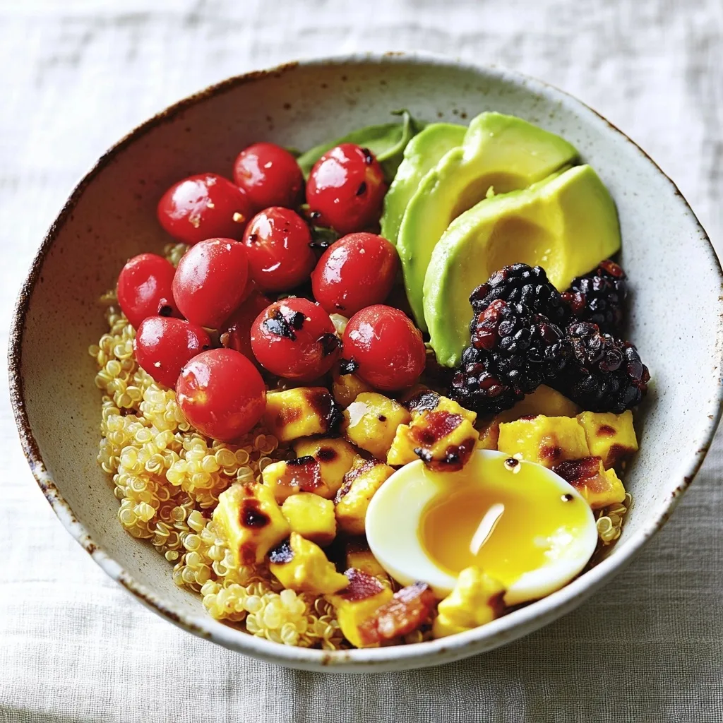 Healthy quinoa breakfast bowl with soft-boiled egg, avocado slices, cherry tomatoes, blackberries, and bacon bits