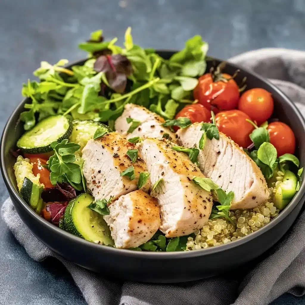 Herb chicken bowl with quinoa, zucchini, cherry tomatoes and mixed greens in a dark ceramic bowl
