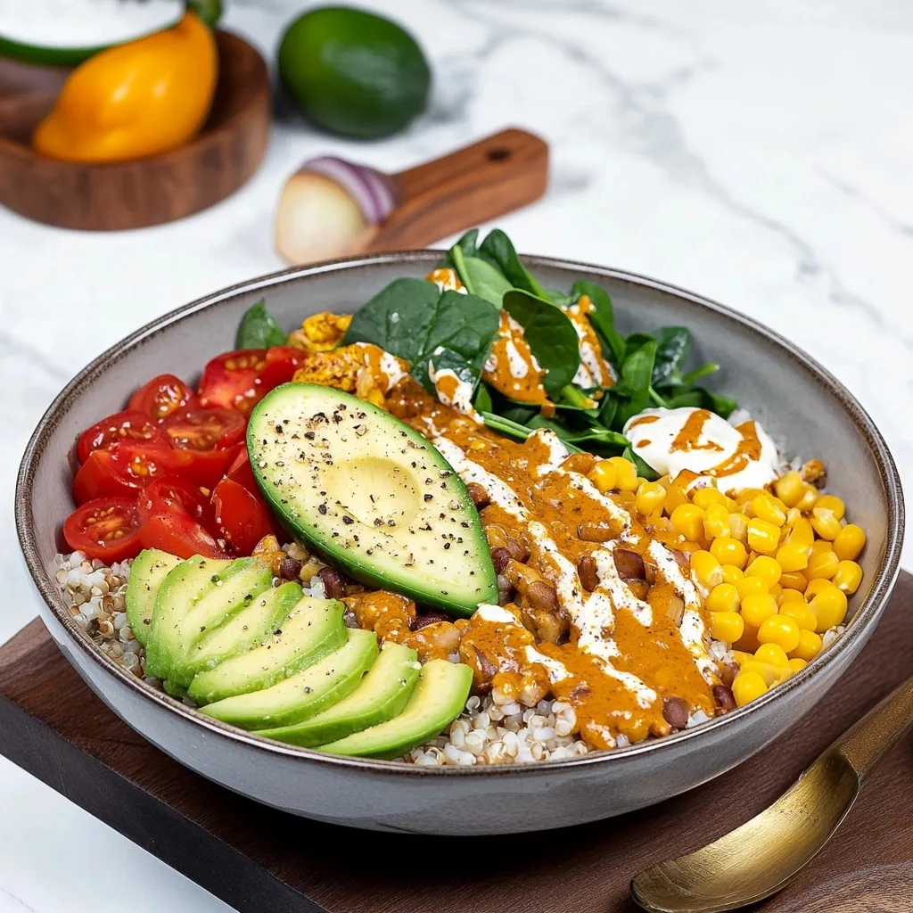 Southwest-style quinoa bowl with avocado, corn, tomatoes, beans, and chipotle drizzle on marble surface