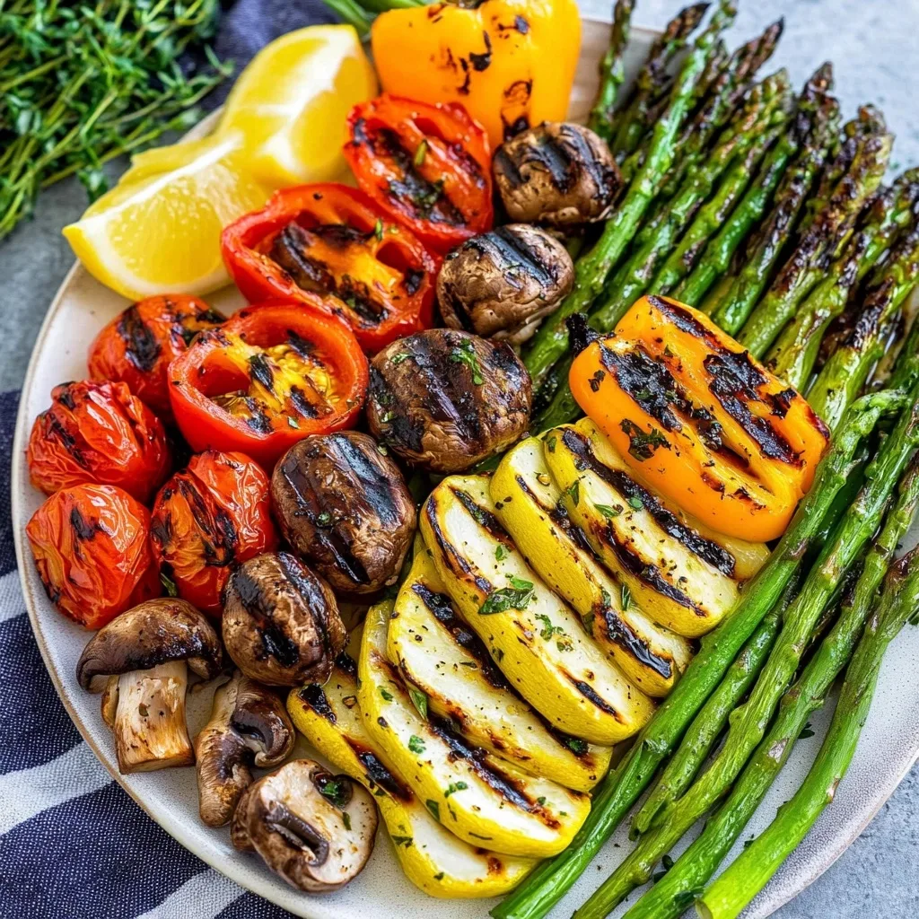 Close-up of grilled summer vegetables including bell peppers, mushrooms, yellow squash, and asparagus with a lemon wedge garnish.