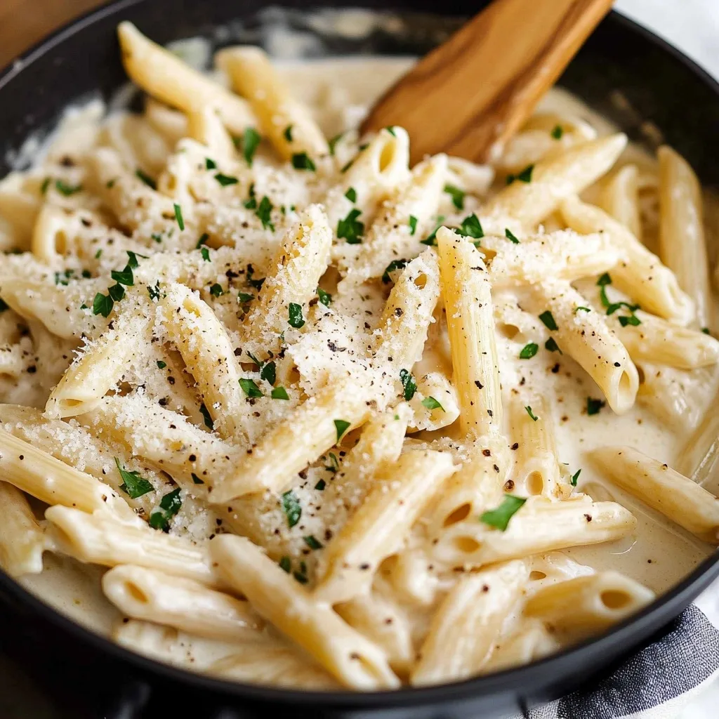 Creamy garlic penne pasta with wooden spoon ready for serving, topped with herbs and cheese