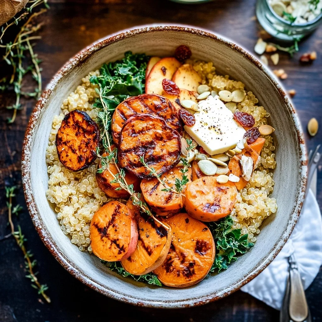 Rustic Autumn Harvest Grain Bowl with quinoa, charred sweet potatoes, fresh apple slices, pumpkin seeds, and herbs.