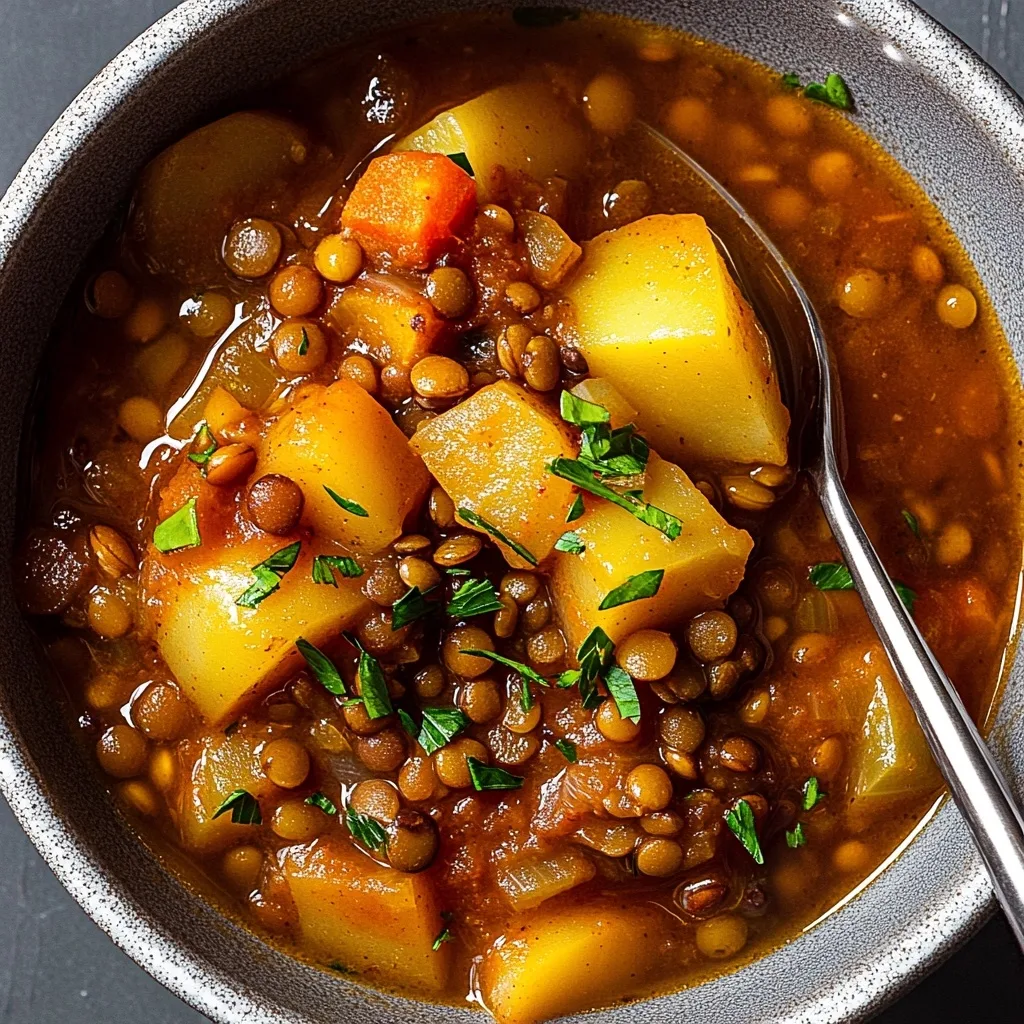 Close-up of Thanksgiving Lentil and Potato Soup in a gray bowl featuring diced potatoes, lentils, carrots, and fresh herbs in a savory broth with a silver spoon.