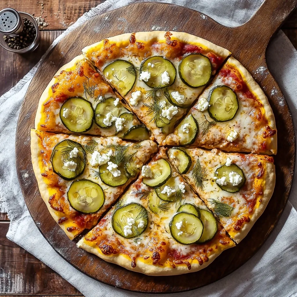Pickle pizza served on a round wooden cutting board featuring thin pickle slices, melted cheese, crumbled feta, fresh dill, and a crisp golden crust.