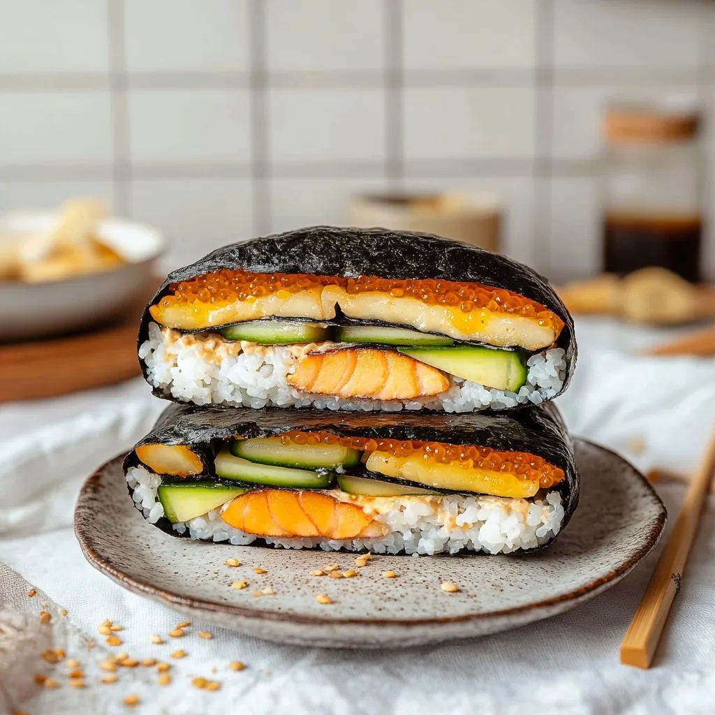 Cut sushi sandwich (onigirazu) showing salmon, cucumber, and rice layers wrapped in nori on a rustic plate