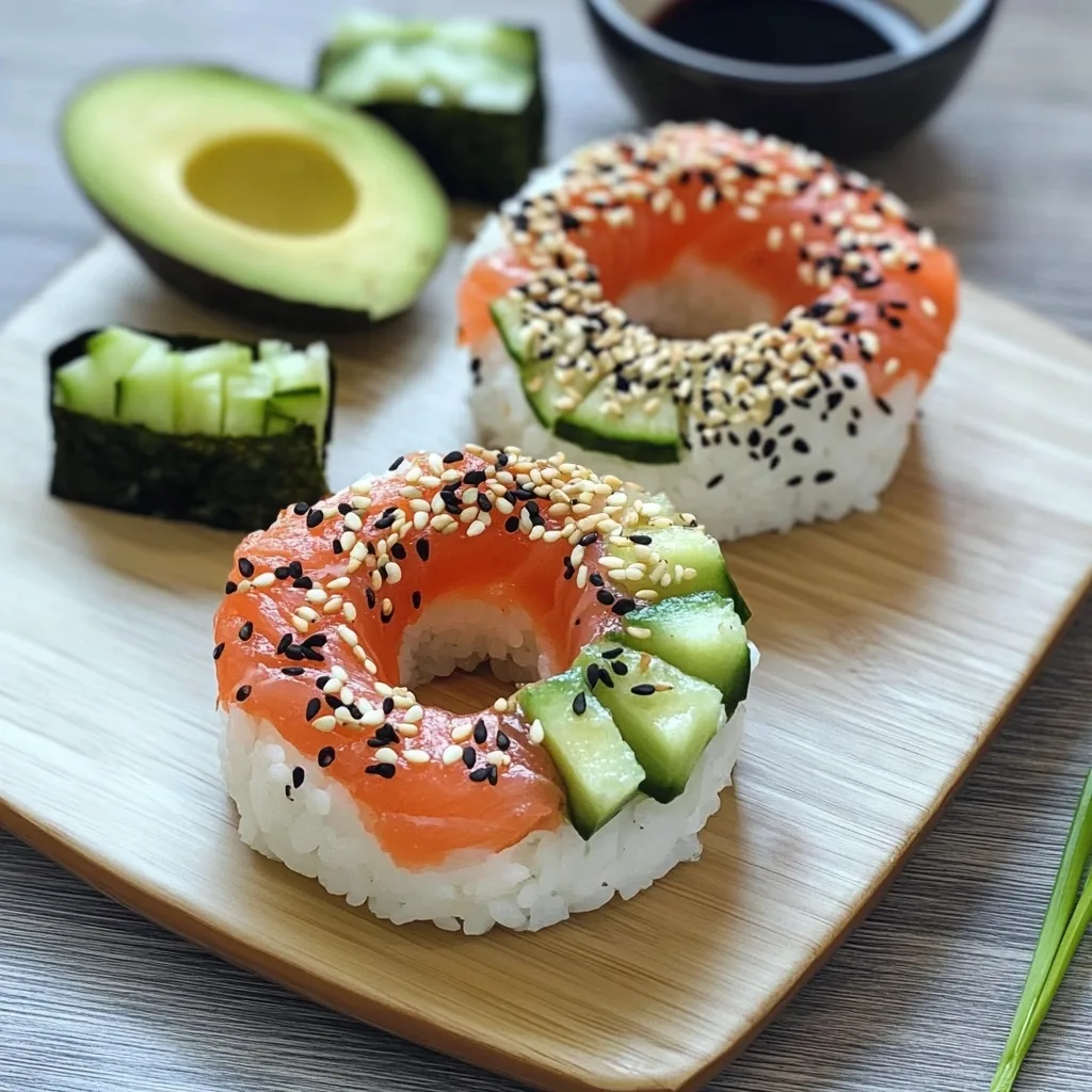 Two salmon and cucumber sushi donuts arranged on a bamboo serving board with sliced avocado, cucumber pieces, and a small bowl of soy sauce.