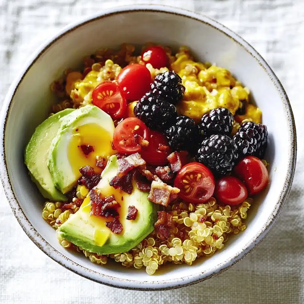 Breakfast grain bowl with quinoa, scrambled eggs, avocado, cherry tomatoes, blackberries, and bacon in ceramic bowl