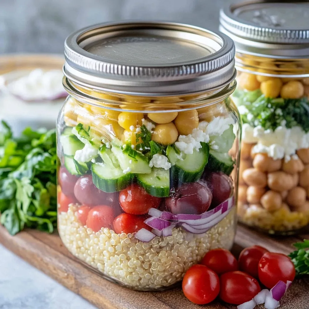 Sealed mason jar containing layers of quinoa, vegetables, chickpeas, and Mediterranean ingredients arranged in colorful stripes with additional ingredients visible in the background.
