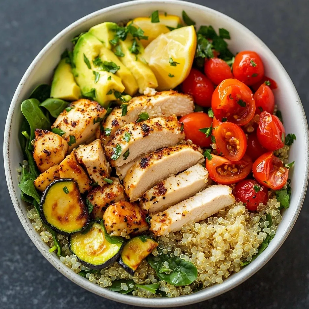 Sliced seasoned chicken breast over quinoa with sautéed zucchini, yellow squash, cherry tomatoes, and fresh herbs in a white bowl