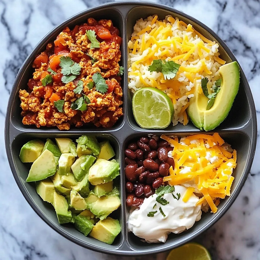 Four-section divided plate containing breakfast burrito bowl ingredients: scrambled eggs with tomatoes, rice with cheese, diced avocado, and black beans with sour cream.
