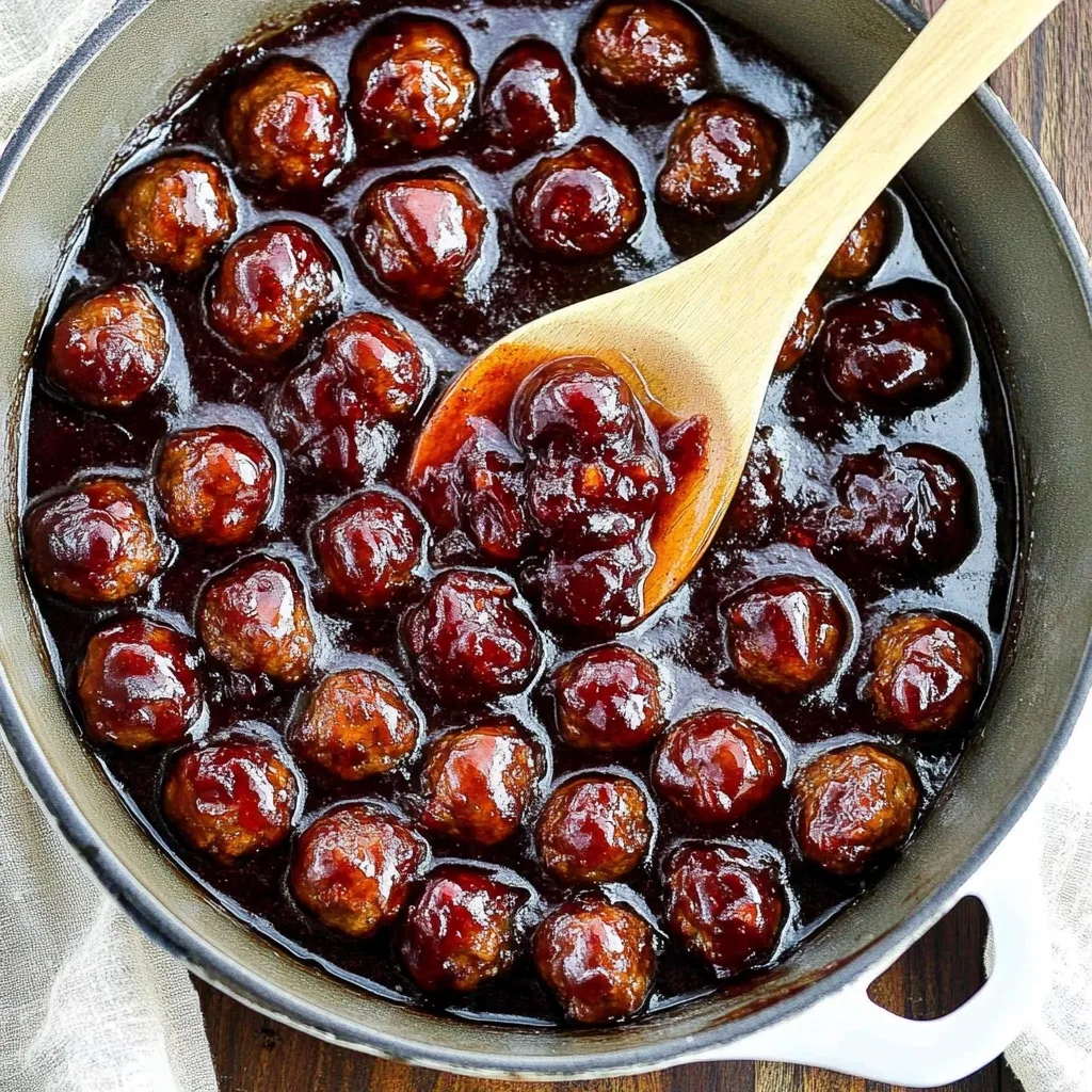 Cranberry meatballs simmering in deep red sauce in a cast iron skillet with wooden spoon