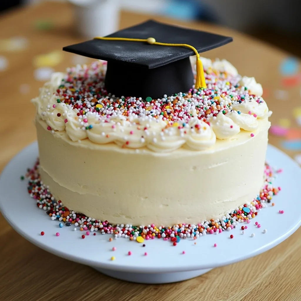 White buttercream frosted graduation cake on a pedestal stand, topped with a black fondant graduation cap with yellow tassel and decorated with rainbow sprinkles.