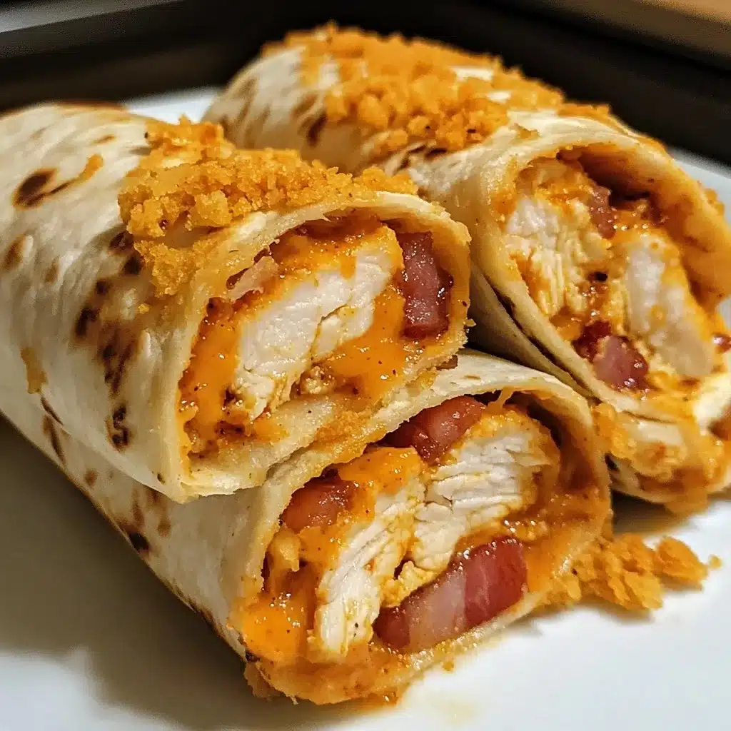 Stack of sliced Crunchy Buffalo Chicken Bacon Ranch Wraps showing layers of breaded chicken, bacon, and melted cheese with buffalo sauce.
