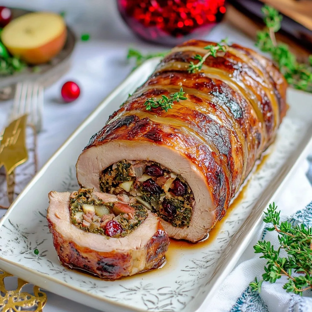 Close-up of sliced stuffed pork tenderloin with visible cranberries, apples and greens in the filling