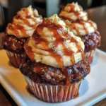 Close-up of smoky BBQ meatloaf cupcakes with swirled mashed potato frosting and bacon bits in cupcake liners