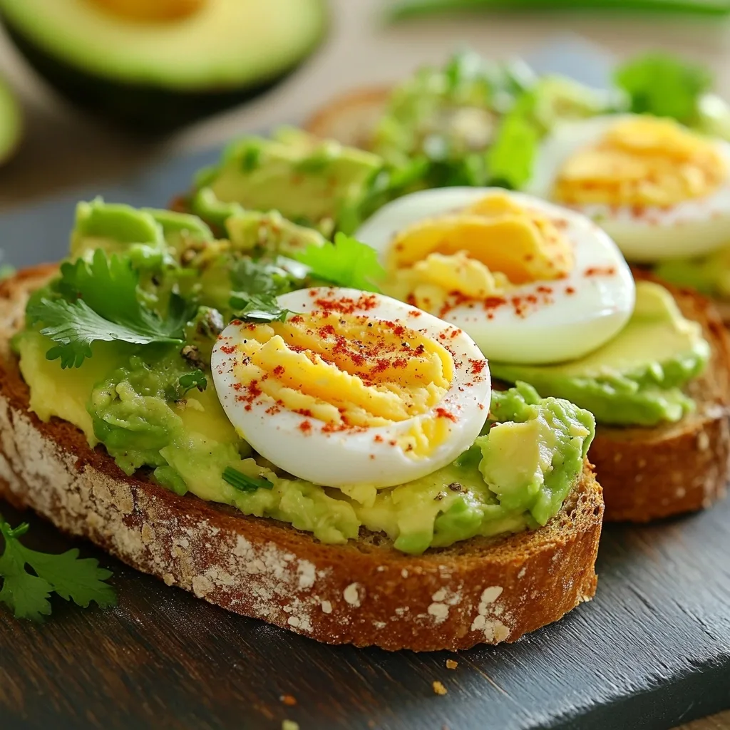 Avocado toast topped with soft-boiled egg halves and fresh herbs on seeded whole grain bread, served on a dark wooden surface.