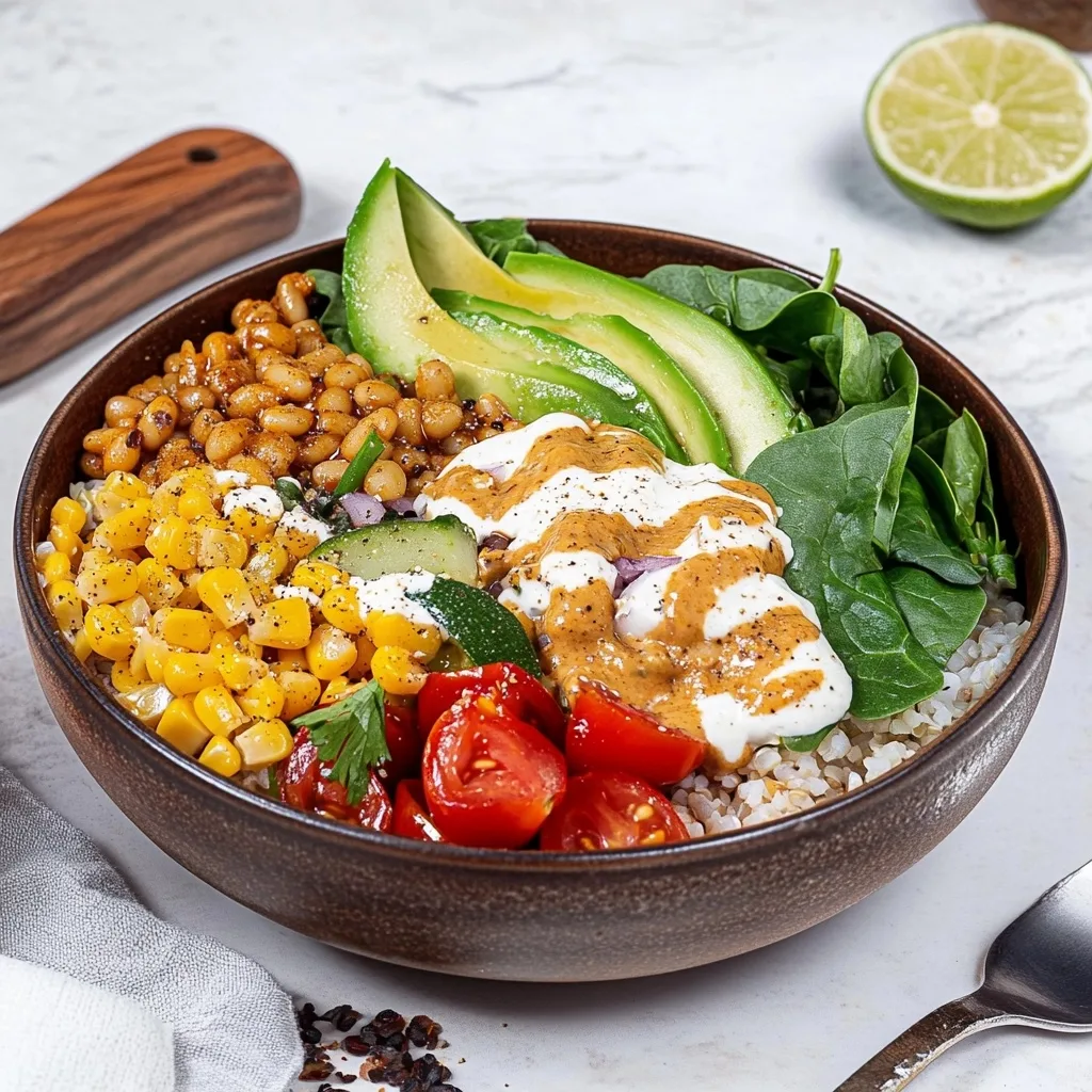 Southwest Buddha Bowl with black beans, corn, avocado slices, cherry tomatoes, spinach and chipotle yogurt dressing over rice