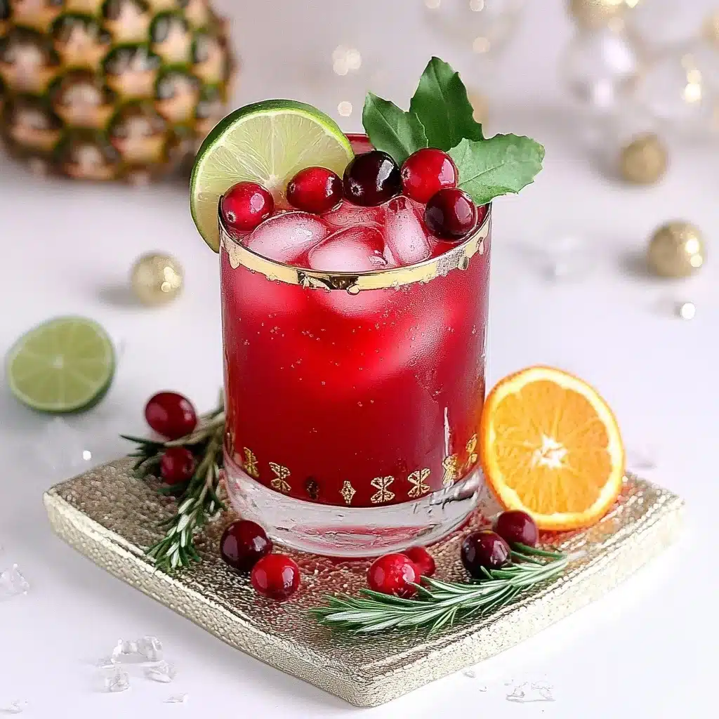 Festive cranberry mocktail in a gold-trimmed glass filled with ice, cranberries, and orange slice on a sparkly gold plate.