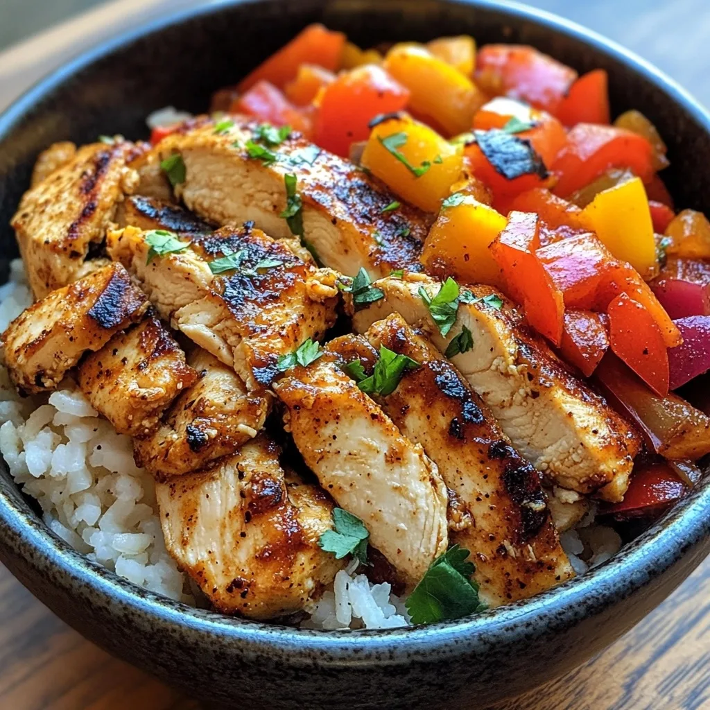 Chicken Fajita Rice Bowl with seasoned chicken strips, colorful bell peppers, and fresh cilantro on white rice