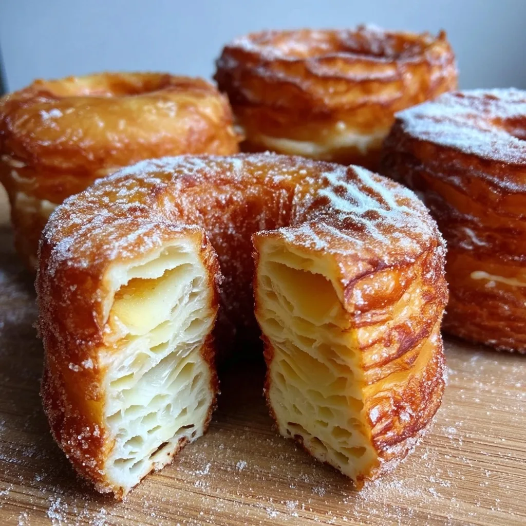 Two sugar-dusted cronut halves standing on a wooden board, layers exposed