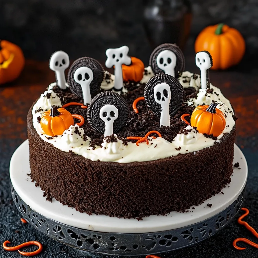 Chocolate Haunted Oreo Graveyard Cake decorated with Oreo cookie crumbs, skull-shaped ghost cookies, candy pumpkins, and gummy worms on a black cake stand.