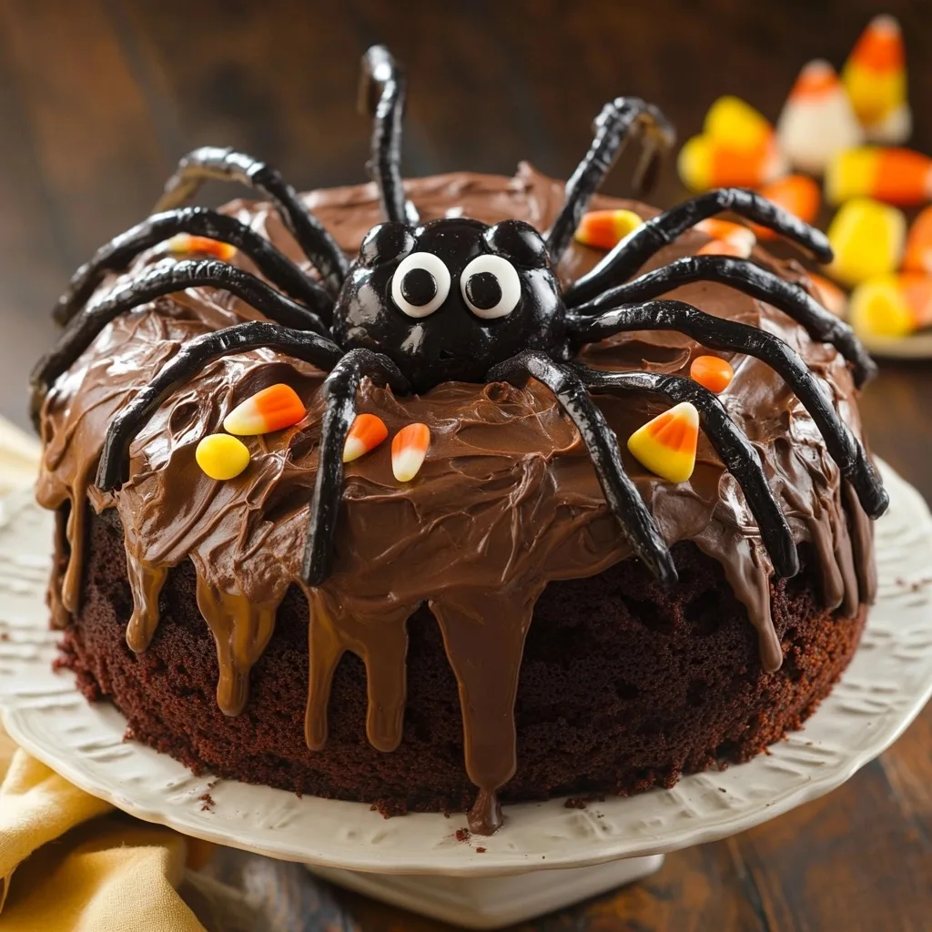 Halloween Spider Cake with chocolate ganache drip, black licorice spider legs, candy eyes, and candy corn decorations displayed on a white pedestal cake stand.