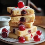 Stack of buttery shortbread bars with bright red maraschino cherries embedded throughout, dusted with powdered sugar and garnished with fresh cherries on a white plate.