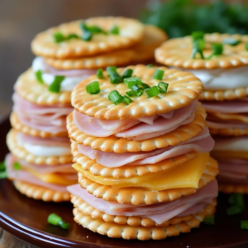 Multiple stacks of Ritz cracker party sandwiches with ham, cheese, and herb garnish on a dark plate.