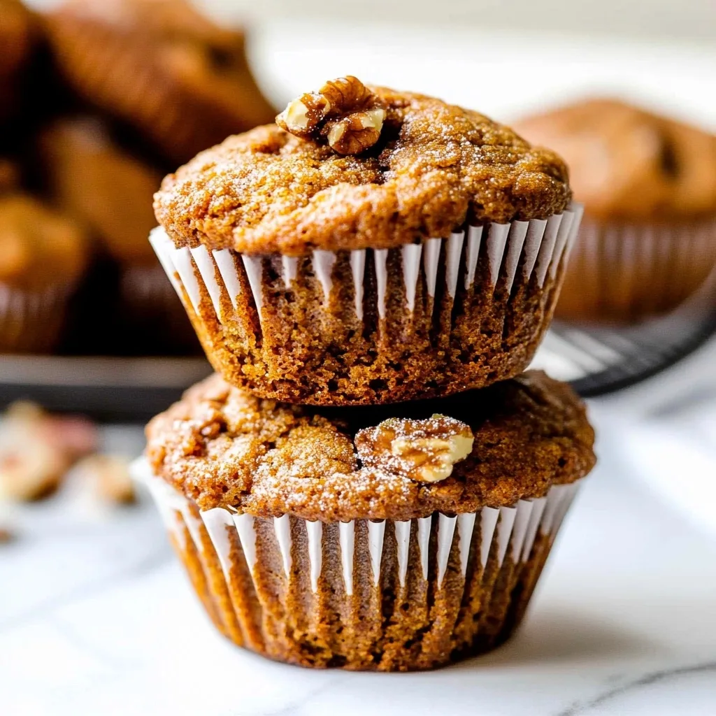Two stacked pumpkin muffins in white paper liners topped with walnut pieces and dusted with powdered sugar on a marble surface