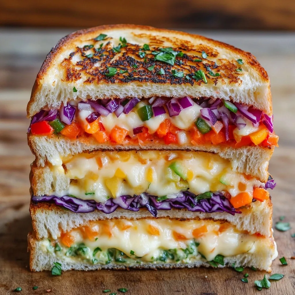 Cross-section of a stacked Rainbow Grilled Cheese sandwich showing colorful layers of vegetables including purple cabbage, orange carrots, red peppers, and green herbs between melted cheese and golden toasted bread.