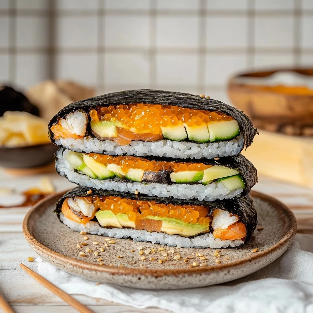 Stacked sushi sandwiches with layers of nori, sushi rice, salmon, avocado, and orange fish roe on a ceramic plate with sesame seed garnish