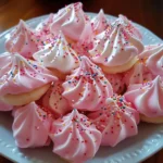 Batch of Easy Jello Meringue Cookies with pink coloring and multi-colored sprinkles served on a decorative white plate