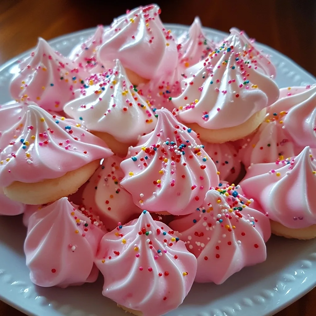 Batch of Easy Jello Meringue Cookies with pink coloring and multi-colored sprinkles served on a decorative white plate