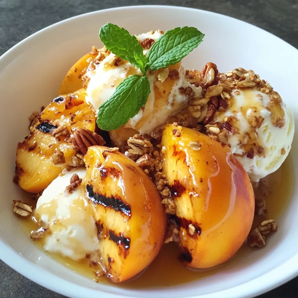 Summer grilled peach sundae featuring caramelized peaches, ice cream, granola, and mint.