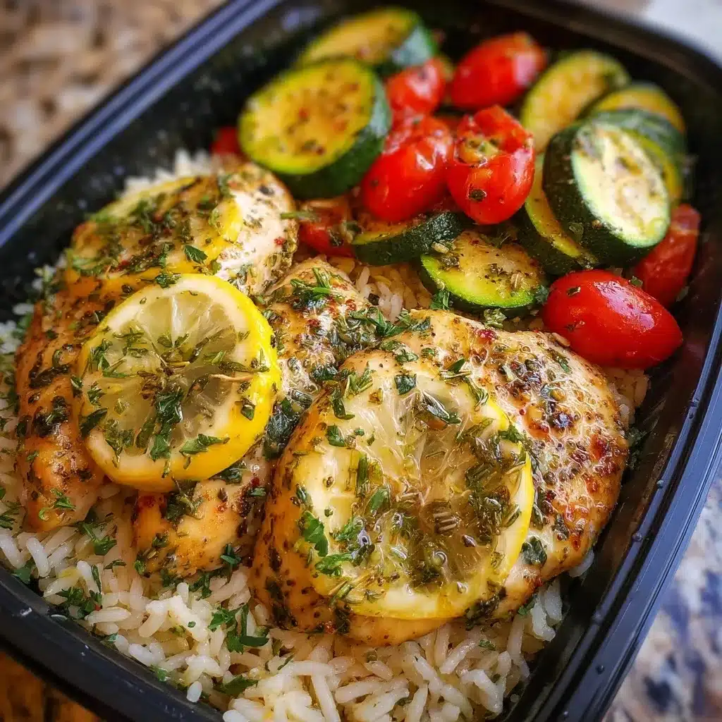 Summer lemon meal prep bowl with marinated chicken, herb-seasoned rice, roasted zucchini and cherry tomatoes in black container