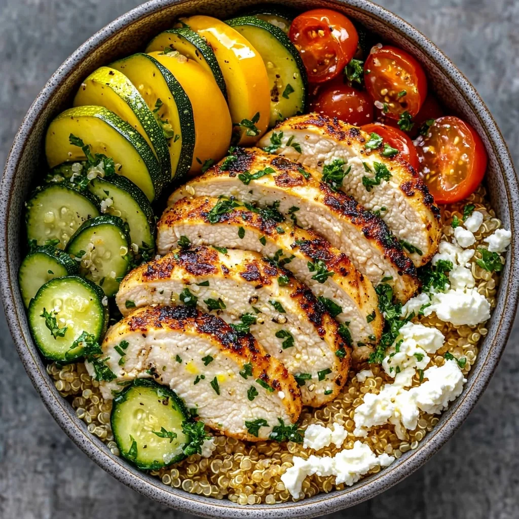 Colorful Summer Lemon Herb Chicken & Veggie Bowl featuring sliced grilled chicken, alternating zucchini and yellow squash, cherry tomatoes, and feta over quinoa.