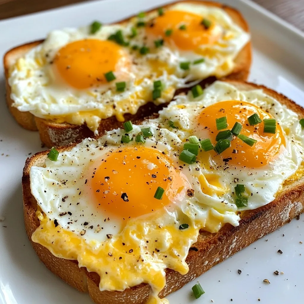 Three perfectly cooked sunny-side up eggs on crispy toast, sprinkled with black pepper and chopped green onions, served on a white plate.