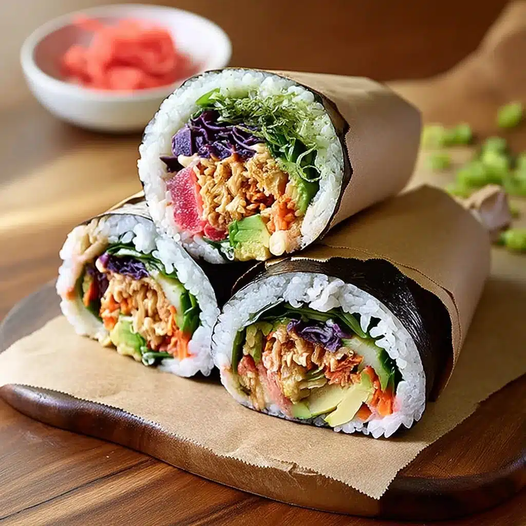 Three sushi burritos cut in half showing colorful filling of tuna, avocado, purple cabbage, carrots and greens wrapped in nori seaweed on parchment paper