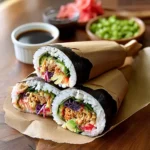 Two sushi burritos cut in half wrapped in parchment paper with small bowl of soy sauce and traditional Japanese condiments