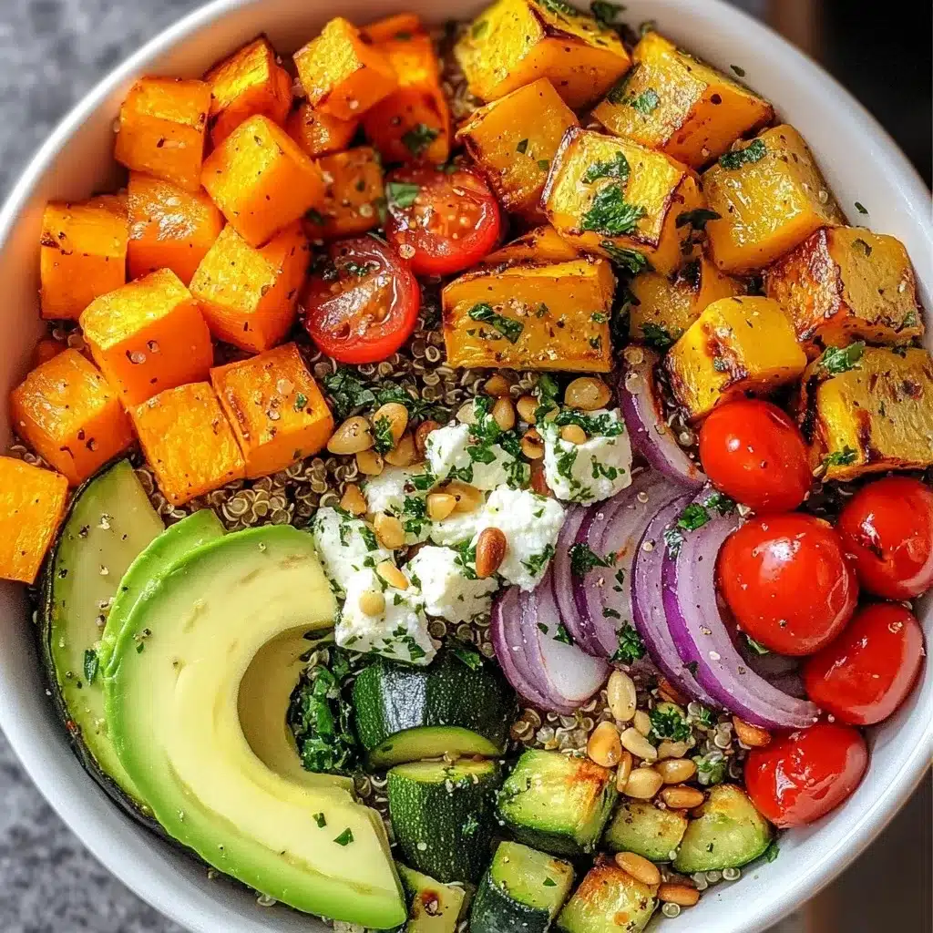 Overhead view of a white bowl filled with roasted sweet potatoes, cherry tomatoes, avocado, zucchini, red onion, and feta cheese arranged on quinoa.