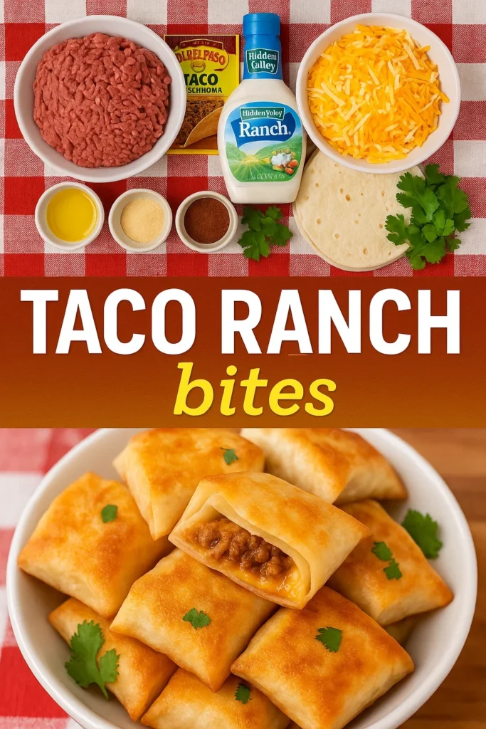 Taco Ranch Bites ingredients including raw ground beef, taco seasoning, ranch dressing, shredded cheese, tortillas, spices, and the finished roll-ups