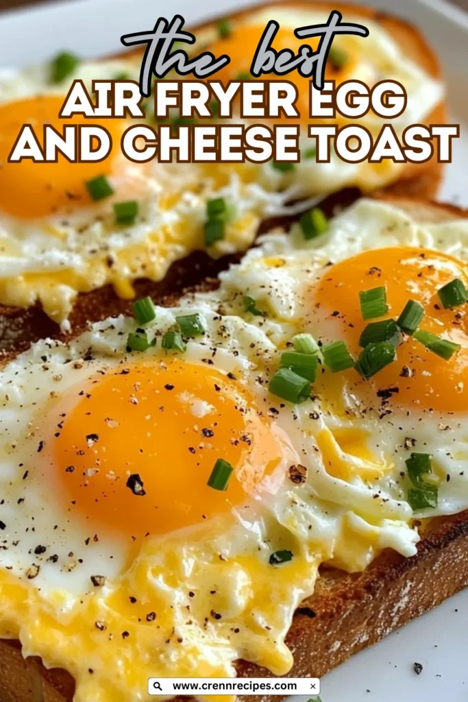 Close-up of sunny-side up eggs on toast with melted cheese and green onion garnish, overlaid with text reading "the best AIR FRYER EGG AND CHEESE TOAST" and website URL.
