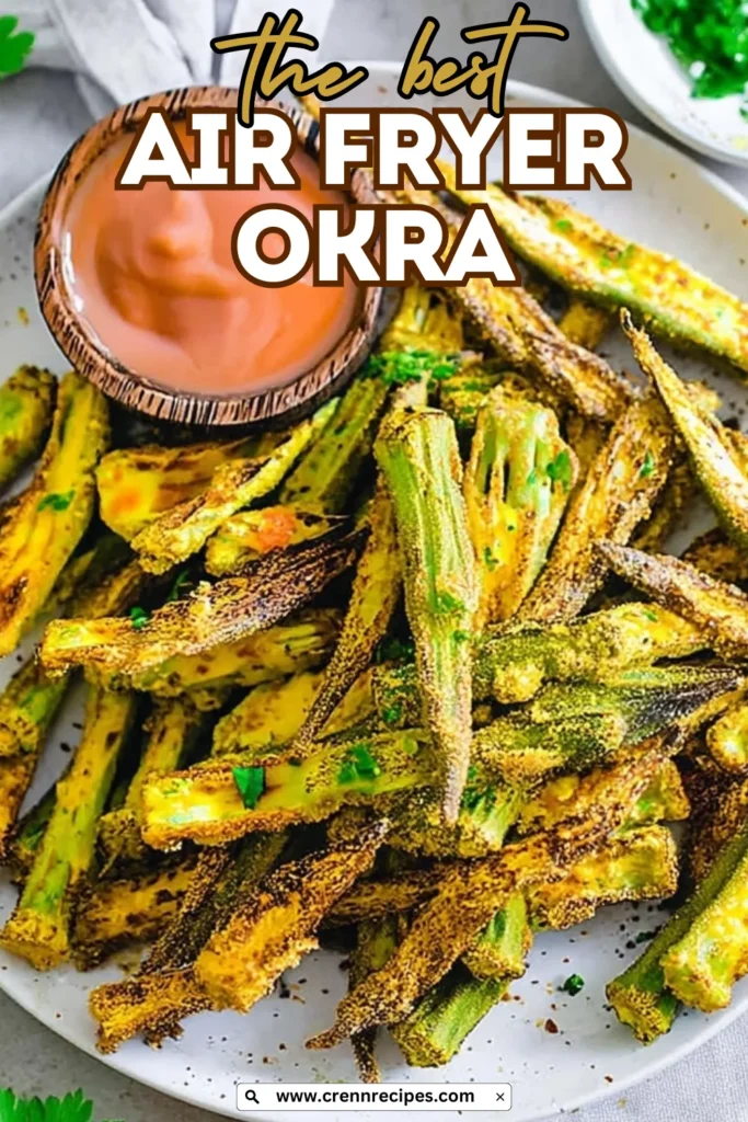 The best air fryer okra recipe featured image with overlay text and website branding